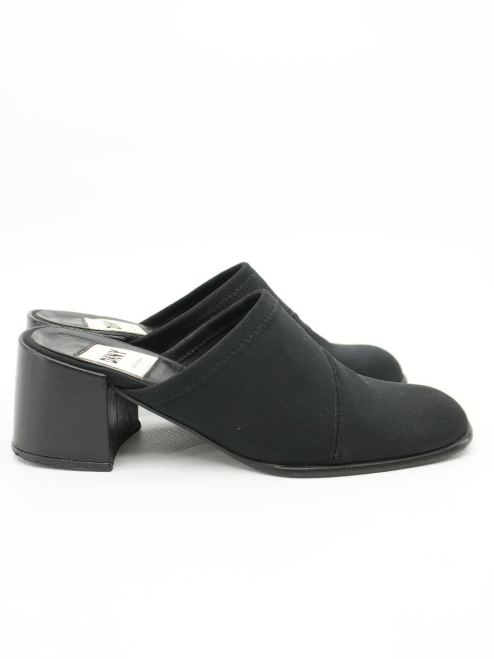 Vintage DKNY 90s Chunky Heels Sock Shoes 1990s Black Neoprene Leather Mules